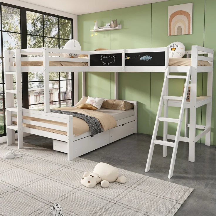 Kinderbett 140×200/90×200 cm aus Massivholz mit Schreibtisch, weiß – Bild 2