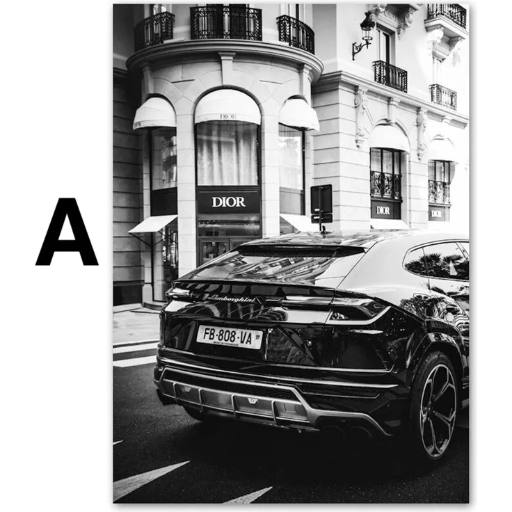 Poster Schwarz Weiß Luxus Geschäfte und Fahrzeuge als Deko Print ohne Rahmen - A / 40 x 60 cm