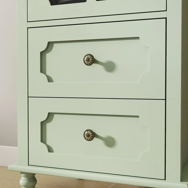 Mintgrüner Vitrinenschrank mit Glastür und 2 Schubladen, Vintage Hochschrank aus MDF mit Massivholzbeinen, Saugroboter-tauglicher Aufbewahrungsschrank für Wohnzimmer, Esszimmer, Flur--Grün--50x40x133cm--YOUDENOVA – Bild 8