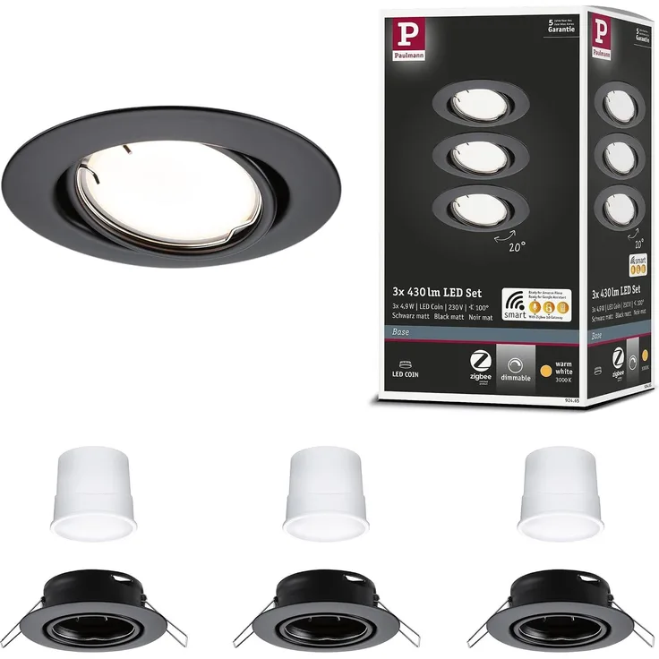 Paulmann 92465 Zigbee LED Einbauleuchte Base Coin Basisset Schwarz matt 3000K