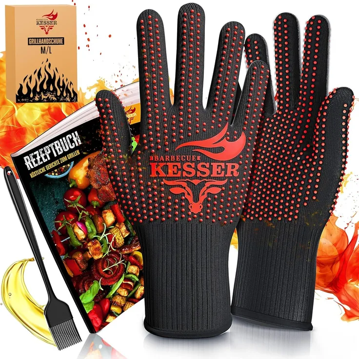 KESSER® Grillhandschuhe hitzebeständig bis 500 °C, Atmungsaktiv & mit rutschfestem Griff, Aramid-Gewebe, Maschinenwaschbar, Schwarz / Rot, M-L