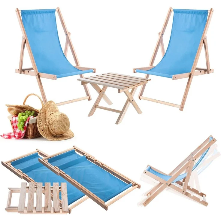 KADAX-Set aus natürlichem Couchtisch für Liegestühle + 2 blauen Liegestühlen aus Holz – Bild 1
