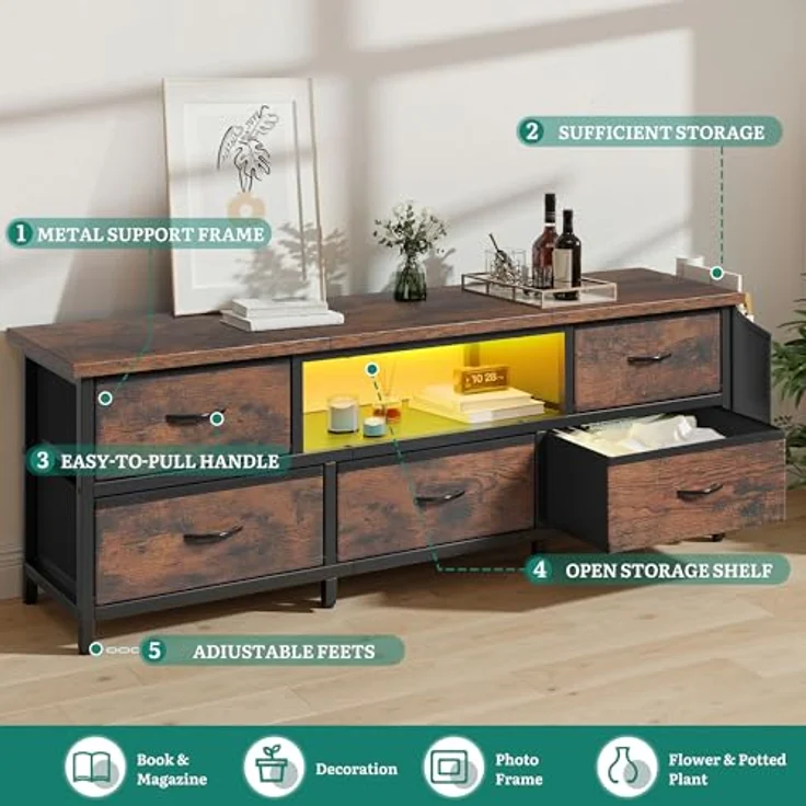 YITAHOME TV-Schrank, TV-Ständer für Wohnzimmer mit 5 faltbaren Schubladen und Regalen, TV-Ständer mit RGB-LED-beleuchtetem TV-Entertainment-Center mit Schrank, 145 x 35 x 50 cm – Bild 6