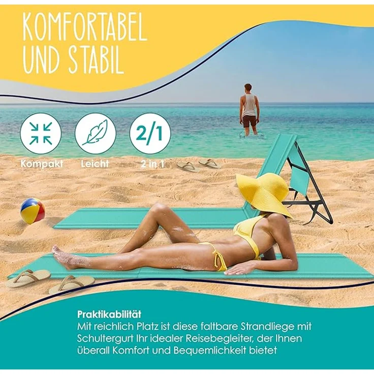 KESSER® Strandmatte, klappbar mit verstellbarer Rückenlehne, faltbar mit Tragegurt, wasserdichter Handyhülle & Aufbewahrungstasche, bis 130kg, Blau, 180cm x 53cm x 40cm – Bild 3