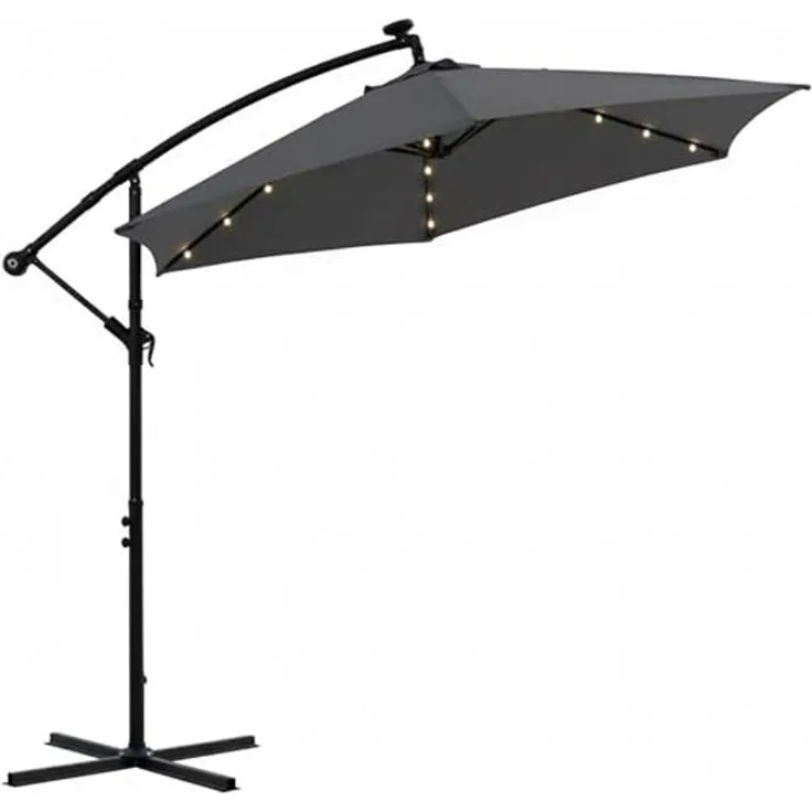 Terrassenschirm Grau Kurbelschirm 350 cm Ampelschirm LED Sonnenschutz Garten Gartenschirm Marktschirm Sonnenschirm Strandschirm 3,5 Meter Aufklappbar