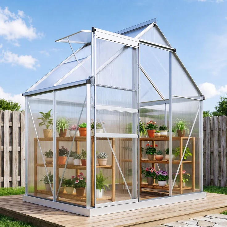 MELAYR, Gewächshaus aus Aluminium und Polycarbonat mit Fundament, 131 x 70 x 10,5 cm, Transparent – Bild 3