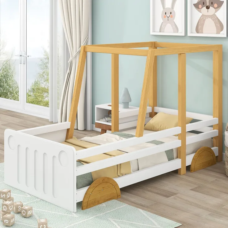 Kinderbett Auto-Design aus Holz mit Seitenschutz, stabilem Rahmen, dekorativem Kopfteil, spielerischem Look
