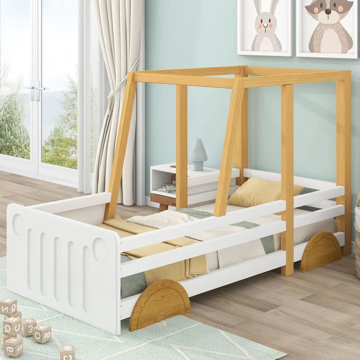 Kinderbett Auto-Design aus Holz mit Seitenschutz, stabilem Rahmen, dekorativem Kopfteil, spielerischem Look – Bild 1
