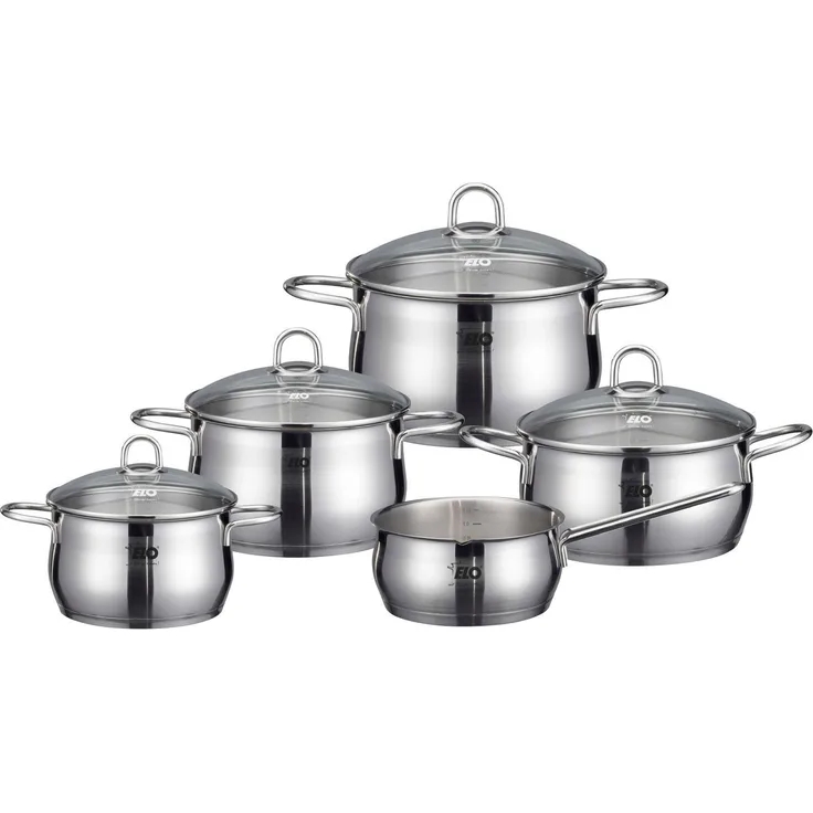 Elo Topf-Set Platin, Edelstahl 18/10 (Set, 9-tlg, 1 Bratentopf 20 cm, je 1 Fleischtopf 16/20/24 cm, 1 Kasserolle 16 cm), Induktion