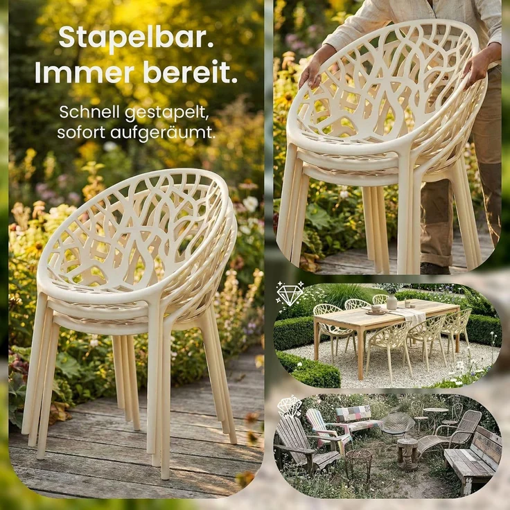 CLP 4er Set 'Hope' Gartenstuhl mit Armlehnen, stapelbar & wetterfest, recyceltem Polypropylen, Creme – Bild 5