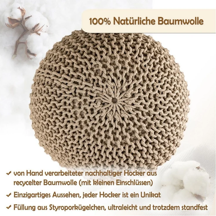 Amagohome Sitzhocker Strickhocker XXL Pouf Ø55 H37cm Bodenkissen Sitzpouf Baumwolle nachhal – Bild 3