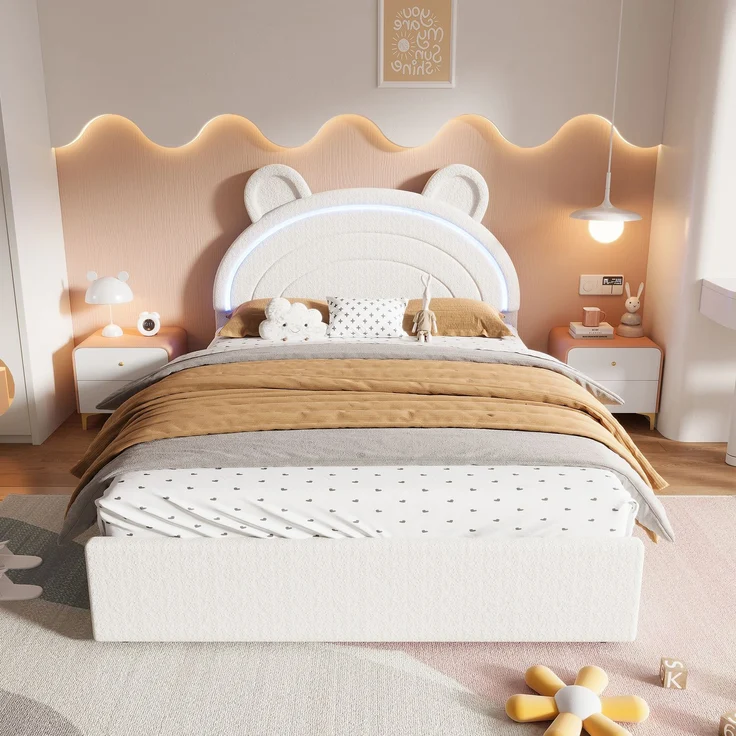 Abrihome Kinder-Polsterbett 140x200 cm, Beige, Bären-Kopfteil, 4 Schubladen, App-LED, 220 kg – Bild 2