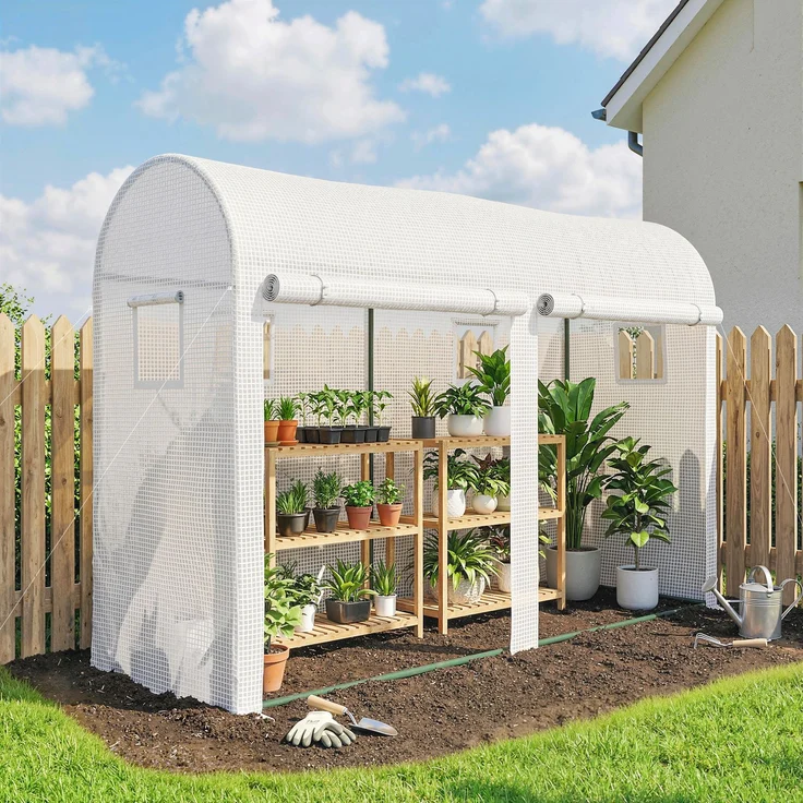 Wohnora-Gartengewächshaus, kleines Balkongewächshaus aus PE-Plane, Stahlrahmen, Rolltüren und -fenstern, 300 x 100 x 200 cm, Weiß,H 2000cm x T 1500cm x B 1000cm – Bild 2