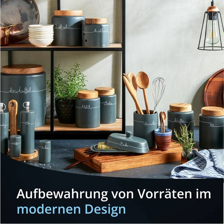 KHG Zwiebel Aufbewahrung Keramik Steingut poliert Anthrazit Grau Holz-Deckel Bambus Kapazität 3,2 Liter oder 500 g Zwiebeln, Zwiebeldose rund, Beschriftung, Zwiebel-Vorratsdose Höhe 17 cm & 16,5 cm – Bild 2
