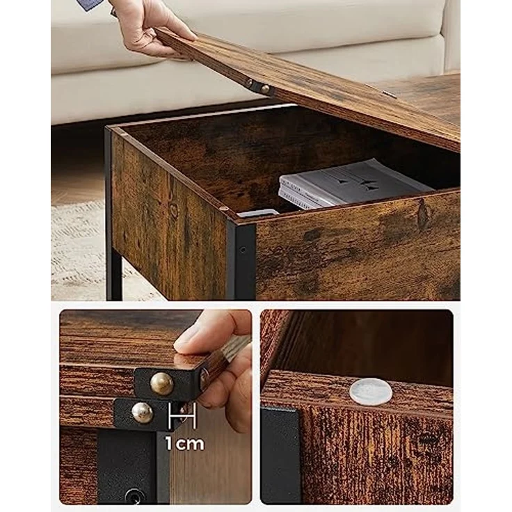 Couchtisch, Wohnzimmertisch mit Klappplatte, verstecktem Stauraum und Gitterregal, Stahlrahmen, für Wohnzimmer – Bild 6