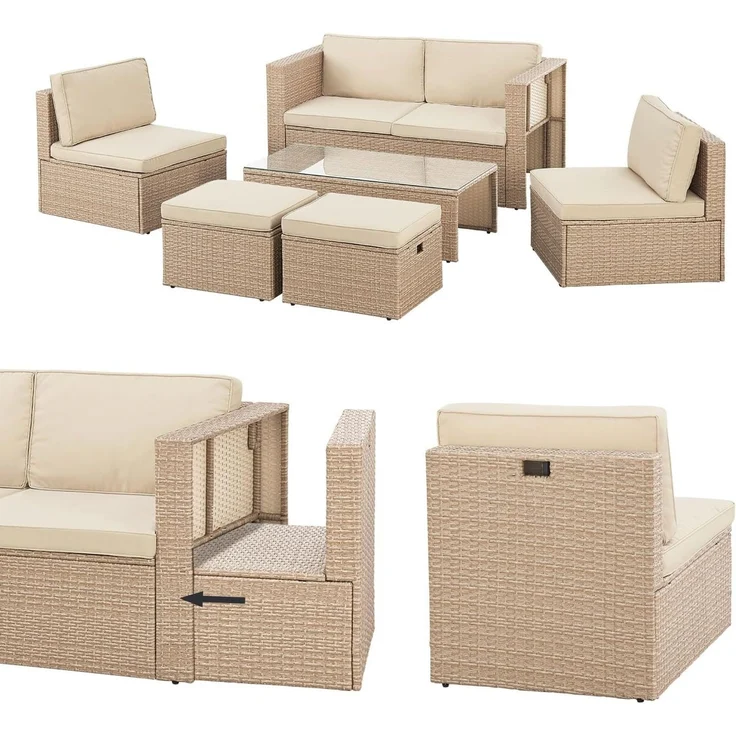 Juskys Polyrattan Gartenmöbel Set Salou - Outdoor Lounge wetterfest 6 Personen - Sitzecke mit Tisch & Kissen für Garten, Balkon, Terrasse - Creme