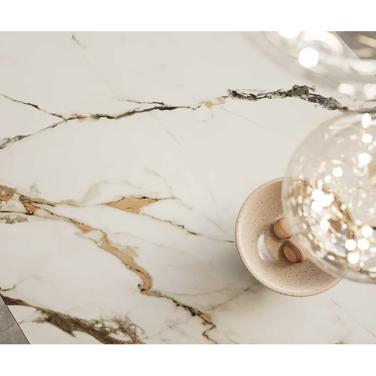 Esstisch Edge 200-300x100 Keramik Calacatta Luxe Weiß-Gold-Grau Spider Flachstahl Edelstahl ausziehbar – Bild 3
