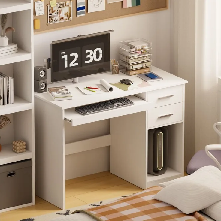 Mondeer Schreibtisch Computertisch, mit 2 Schubladen & Tastaturauszug, 105x48x76 cm, Weiß