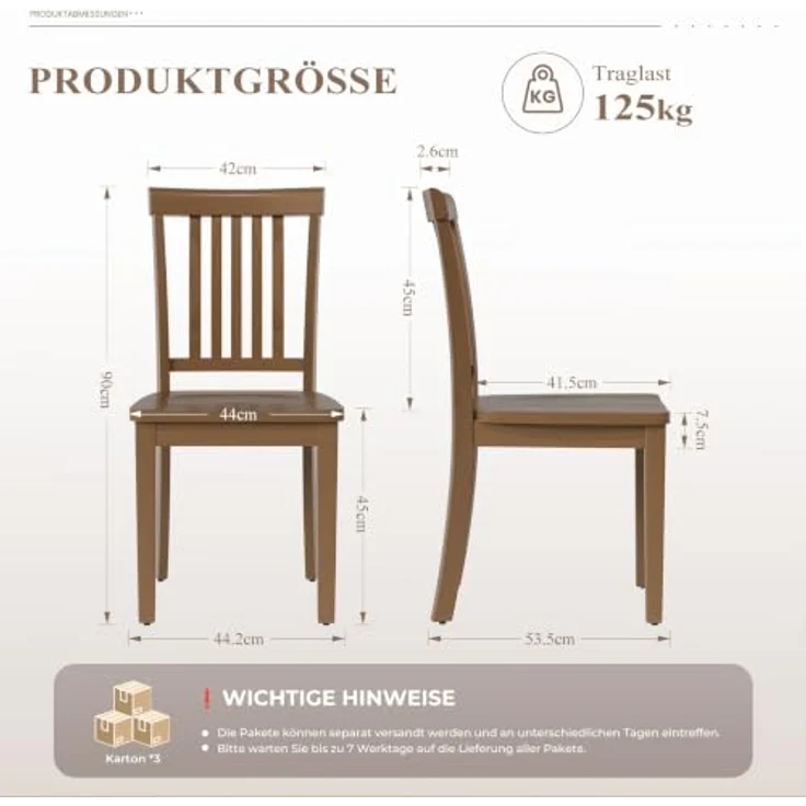 MALOL Esszimmerstühle 6er Set, Holzstühle aus massivem Gummibaumholz, Küchenstühle aus Holz für Esszimmer, Küche und Wohnzimmer, mit hoher Spindellehne im Landhausstil, belastbar bis 125 kg, Hellbraun – Bild 2