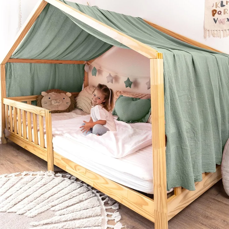 lilimaus Betthimmel Musselin Hausbett Himmel Kinderzimmer Baumwolle mit Gold 2er Set, Gemütlicher Baldachin aus Baumwolle für traumhafte Kinderzimmer-Deko – Bild 1