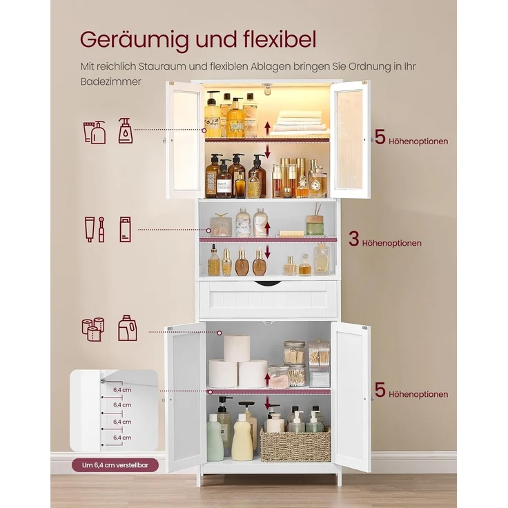 VASAGLE Badezimmerschrank mit LED-Beleuchtung, Badschrank, Aufbewahrungsschrank mit verstellbaren Ablagen, Schublade, offenen Fächern, für Badezimmer, Wohnzimmer, Esszimmer, wolkenweiß BBC767W03 – Bild 4