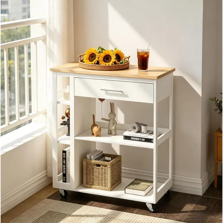 Küchenwagen 73x38x88 cm mit Schublade und offenen Regalen – MDF in Weiß und Holzoptik