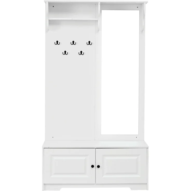 Flieks Garderobe 100 x 40 x 180 cm mit Spiegel, Schuhbank, 5 Haken, 2 Schränken und Regalfächern, Weiß – Bild 7