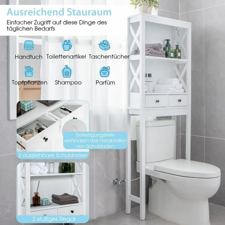 COSTWAY Badregal, 3-stöckiges Toilettenregal mit Regalen & 2 Schubladen