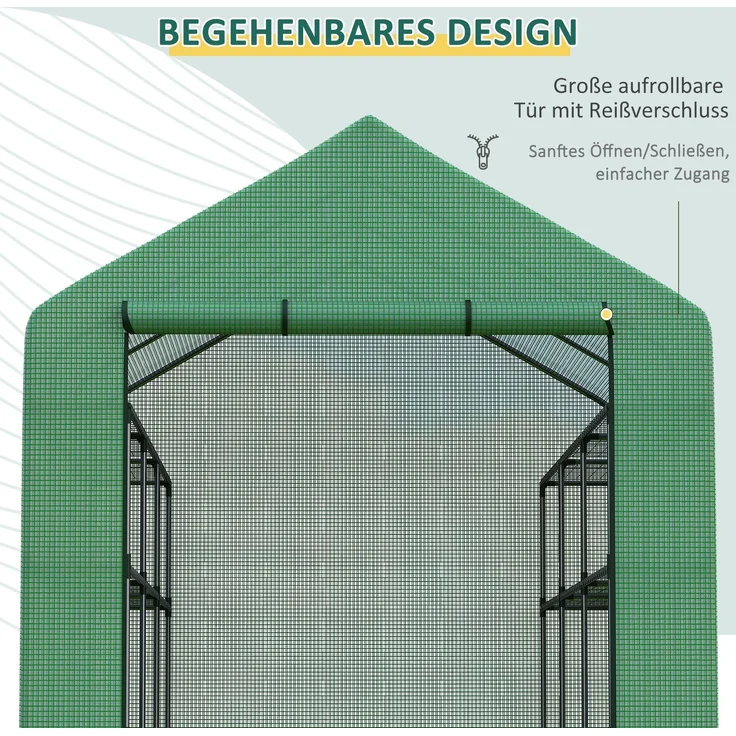 Wohnora-Foliengewächshaus Begehbares Treibhaus mit 8 Regalebenen, Tomatengewächshaus mit Tür, grün, aus Stahl & PE-Kunststoff,H 210cm x T 244cm x B 180cm – Bild 4
