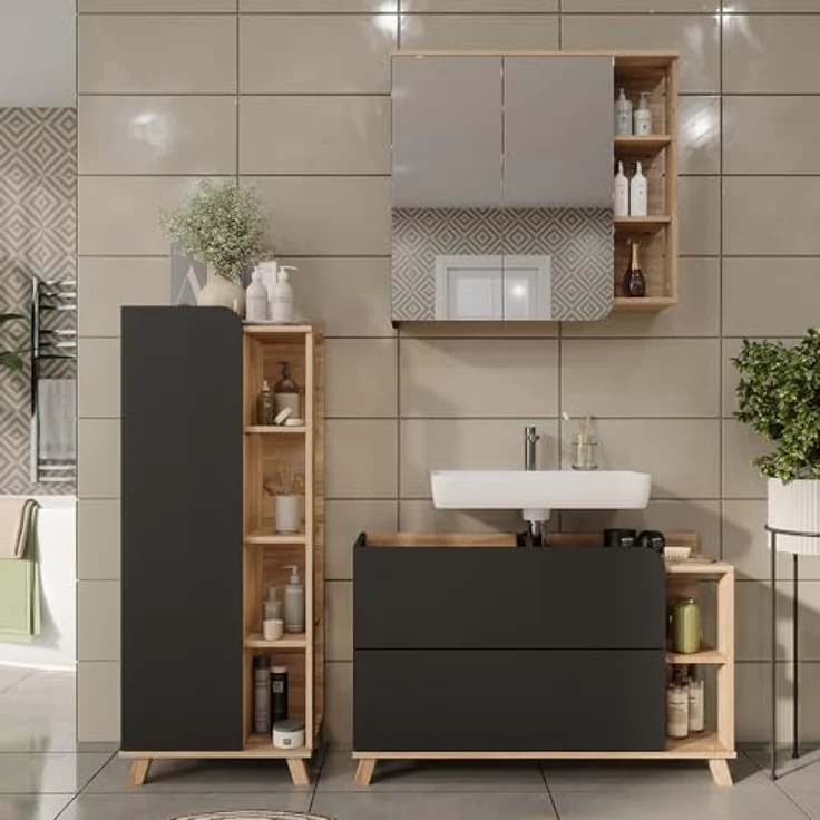 Vichy Badmöbelset Karen, 3-teiliges Möbelset in Sonoma/Anthrazit mit Waschbeckenunterschrank und Spiegelschrank, moderner Design und geräumiger Stauraum – Bild 3