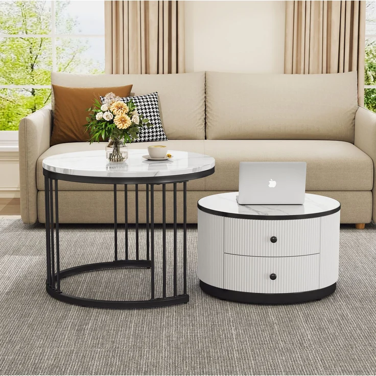 2er Couchtisch Set rund in Weiß, Wohnzimmertisch mit Marmoroptik Hochglanz, Beistelltisch mit Schubladen, modernes Tischset MDF – Bild 5
