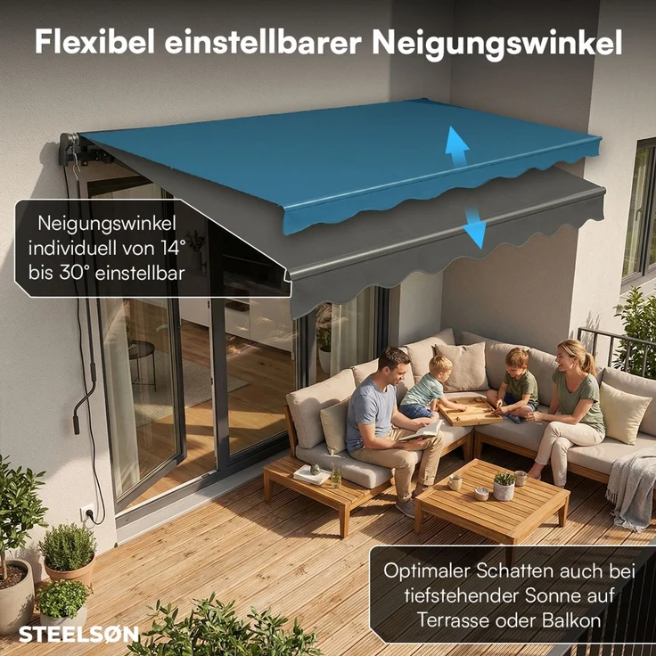 STEELSØN 'Kestria' elektrische Gelenkarmmarkise 300x250 cm mit LEDs, Markise anthrazit, Terrassenmarkise selbst montierbar – Bild 3