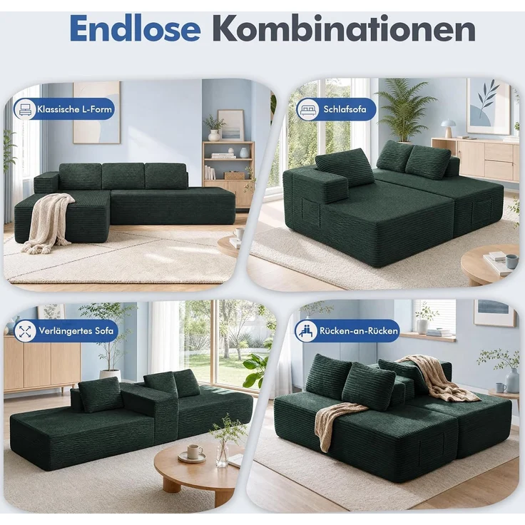 COMHOMA Ecksofa mit Schlaffunktion, 255cm Corduroy Modulares Boneless Couch mit Chaiselongue & Rücken-Metallgestell, L-Form Schlafsofa mit offenem Design, Kissen & Seitentaschen,für Wohnzimmer, Grün-R – Bild 7
