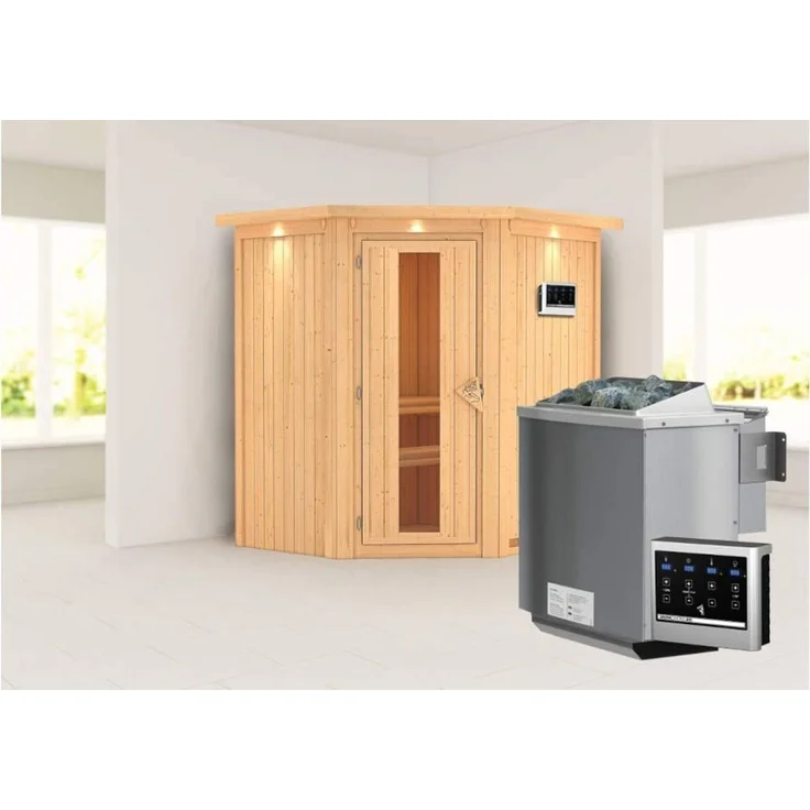 Karibu Sauna Taurin mit Dachkranz + 9kW BIO-Kombiofen mit ext. Steuerung Easy Klarglas Ganzglastür – Bild 2