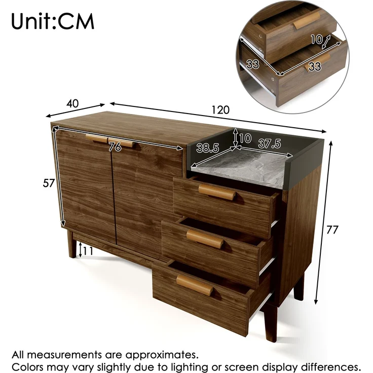 Merax Wohnzimmer Kommode mit Marmor-Optik Platte - Offene Ablage + 3 Schubladen & Doppeltürschrank (innen höhenverstellbar) - Massivholzbeine & kehrroboterfähig, H77/B120/T40 cm – Bild 4