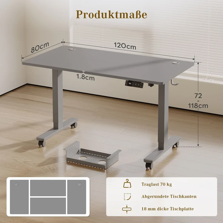 Devoko Elektrisch Höhenverstellbarer Schreibtisch Holzwerkstoff und Metall Grau 120 x 80 x 72-118 cm – Bild 8