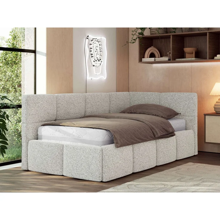 Jugendbett 90x200 ARVO Polsterbett mit Bettkasten, Stauraum & Gasdruckfeder, Modernes Design mit Kopfteil, Foam Matratze - Hellgrau Strukture - MIRO LUX - Rechts Seite – Bild 1