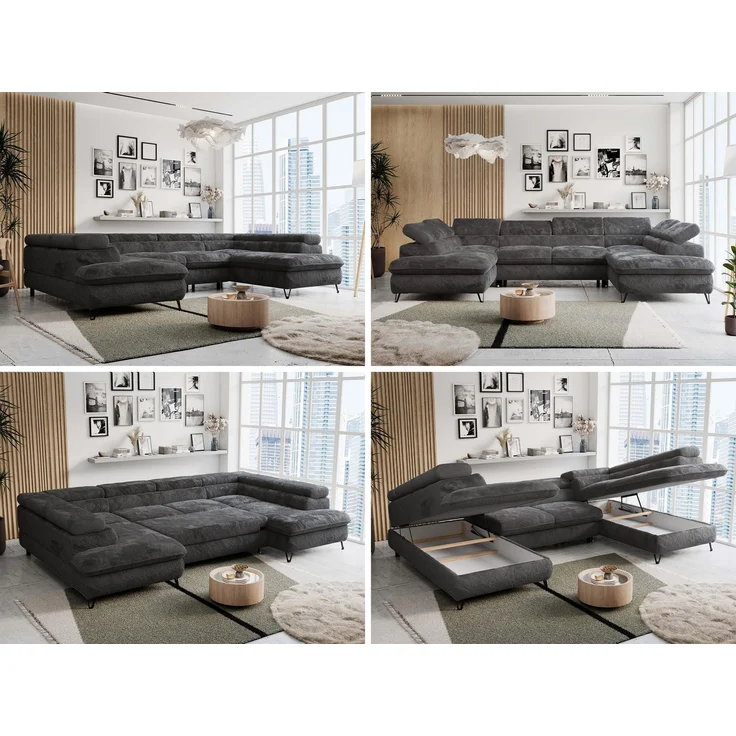 Ecksofa U-Form, mit Bettkasten, Bettfunktion und Einstellbare Kopfstützen, Sofa big XXL - PETER U - Dunkelgrau Plüsch – Bild 2