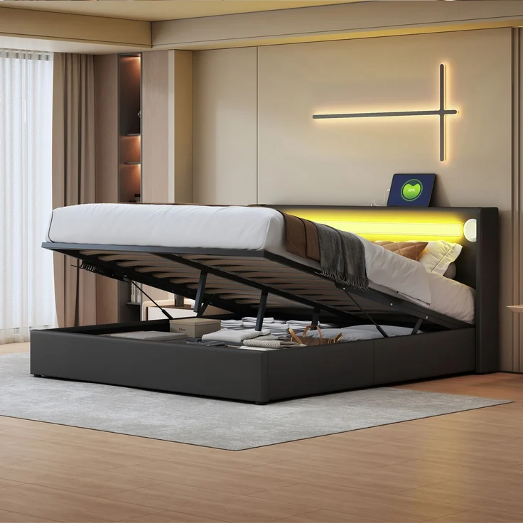 Polsterbett 160x200 Bett mit LED-Lichtleiste, Bluetooth-Player und USB-Aufladung, Stauraumbett aus PU-Leder, Hochbettkasten, Doppelbett mit Lattenrost Schwarz – Bild 4