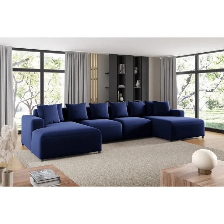 Wohnlandschaft Sofa U-Form Designersofa MEGAN in Stoff Salvador Dunkelblau