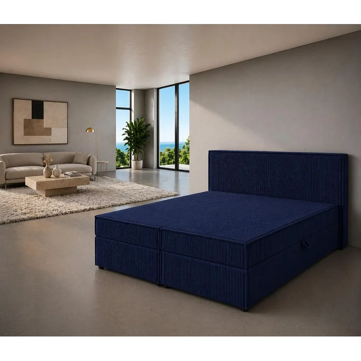 KRISAN MÖBEL Kontinentallbett ASTI Stoff POSO-Cord in Blau 160 × 200 x 106 cm Bett mit Bettkasten und Topper inklusiv – Bild 3