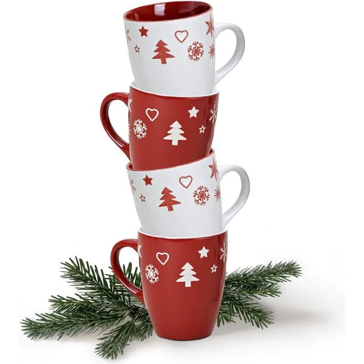 matches21 HOME & HOBBY Tasse Weihnachtstassen 4er Set einfarbig Skandi Weihnachtsdeko, Keramik, Tee Kaffee-Becher, Weihnachten, Vintage, rot weiss, 300 ml