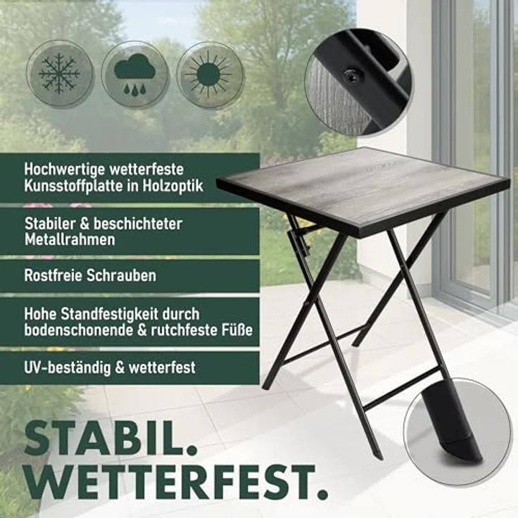BRUBAKER Gartentisch Bergamo - 58 x 58 cm Balkontisch mit Holz Optik - Wetterfest (1-St, Klapptisch für Balkon, Terrasse - Bistrotisch), Metall Beistelltisch klappbar - Campingtisch eckig – Bild 5