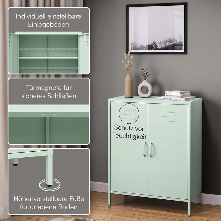 skølm 'Atria' Metallkommode, pastellgrün, 100x38x80 cm, Metallschrank mit 3 Fächern – Bild 3