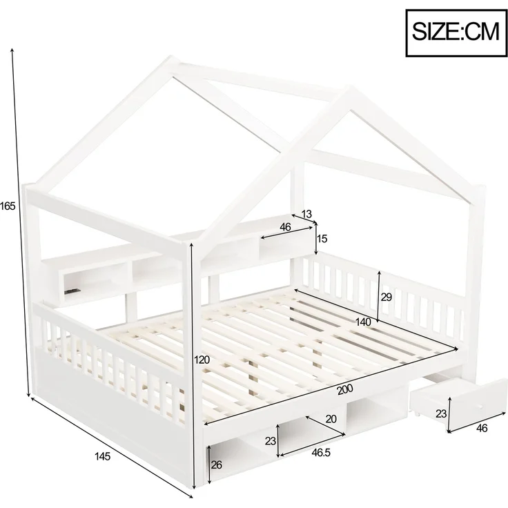 Bett 140x200 cm aus Kiefernholz und MDF, weiß, mit Dachrahmen, Stauraum und LED, ohne Matratze – Bild 5