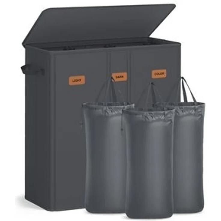 SONGMICS Wäschekorb mit 3 Fächern, 160 L, mit Deckel, 5 Etiketten, herausnehmbarer und waschbarer Innensack, Waschküche Schlafzimmer, dunkelgrau – Bild 6