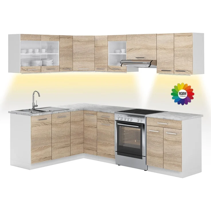 Eckküche R-Line Sonoma/Weiß 247 x 167 cm, AP Marmor mit LED-Leisten Vicco – Bild 1