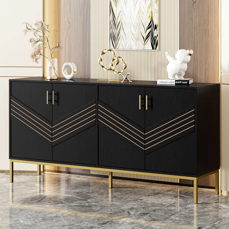 ZUBALIYA Sideboard 160x40x80,5 cm, mit verstellbaren Einlegeböden, mit 4 Türen, aus MDF, Schwarz / Holzfarben – Bild 2