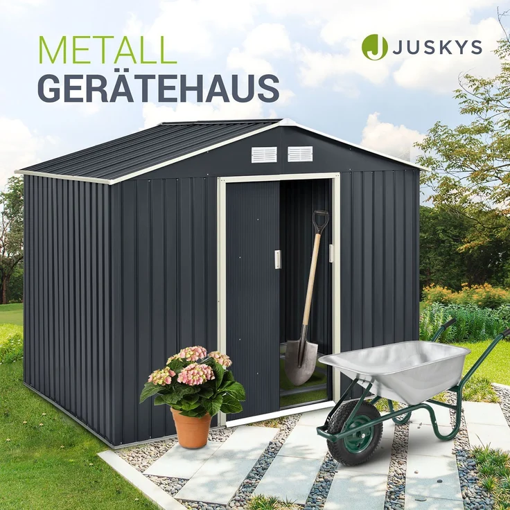 Juskys Metall Gerätehaus XL mit Satteldach, Schiebetür & Fundament, anthrazit, 9m³, 192 x 191 x 277 cm – Bild 2