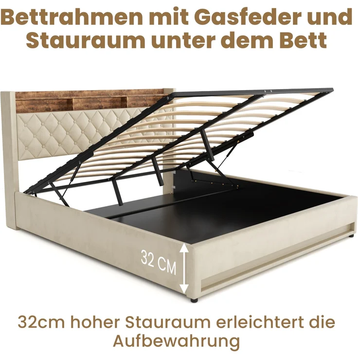 Polsterbett 180x200 cm, Beige Samt, hochelastische Polsterung, Lattenrost (ohne Matratze) – Bild 8